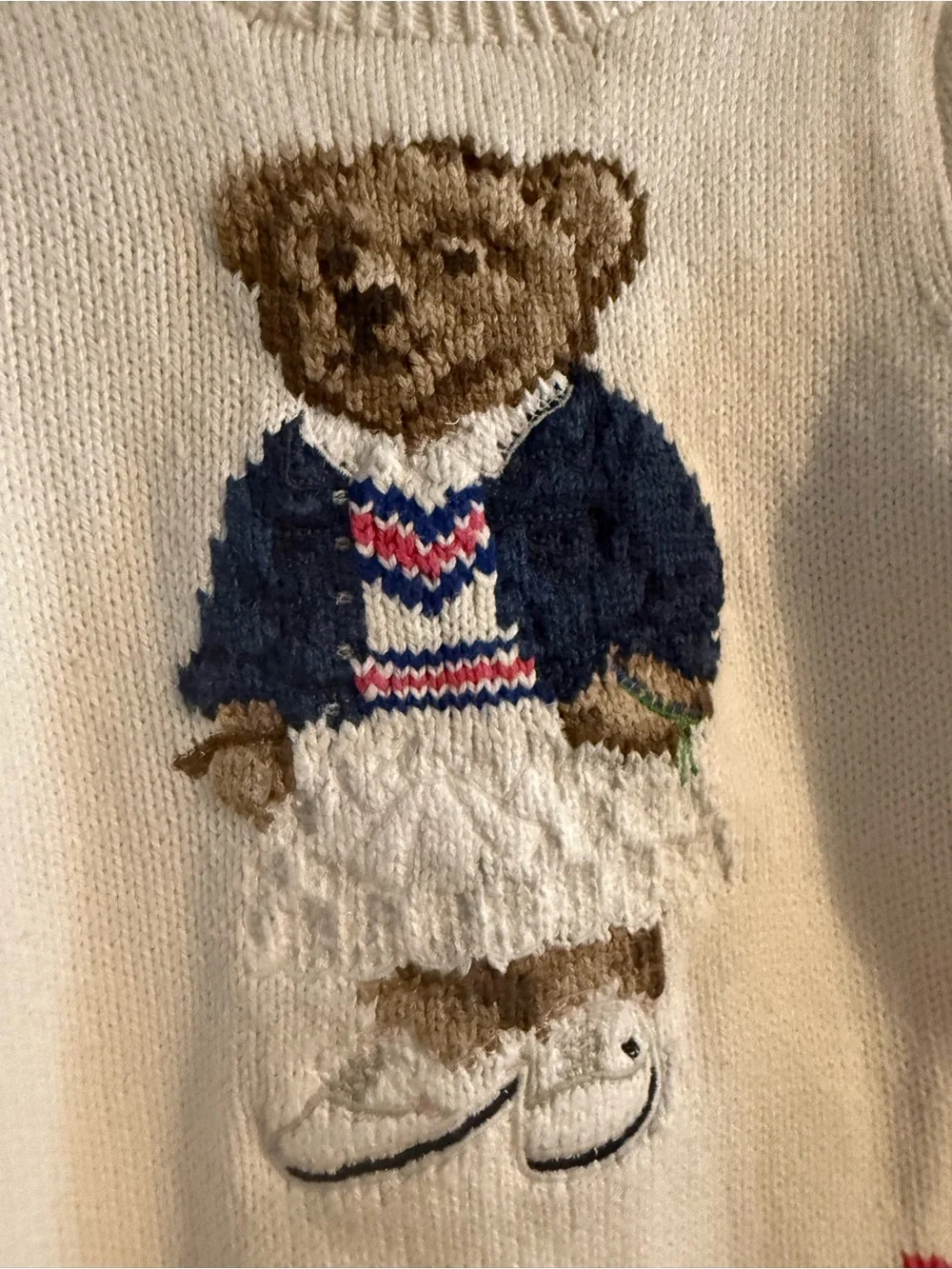 Ralph Lauren Baby Girls 24M Polo Bear Cream Knit Sweater Puff Sleeve